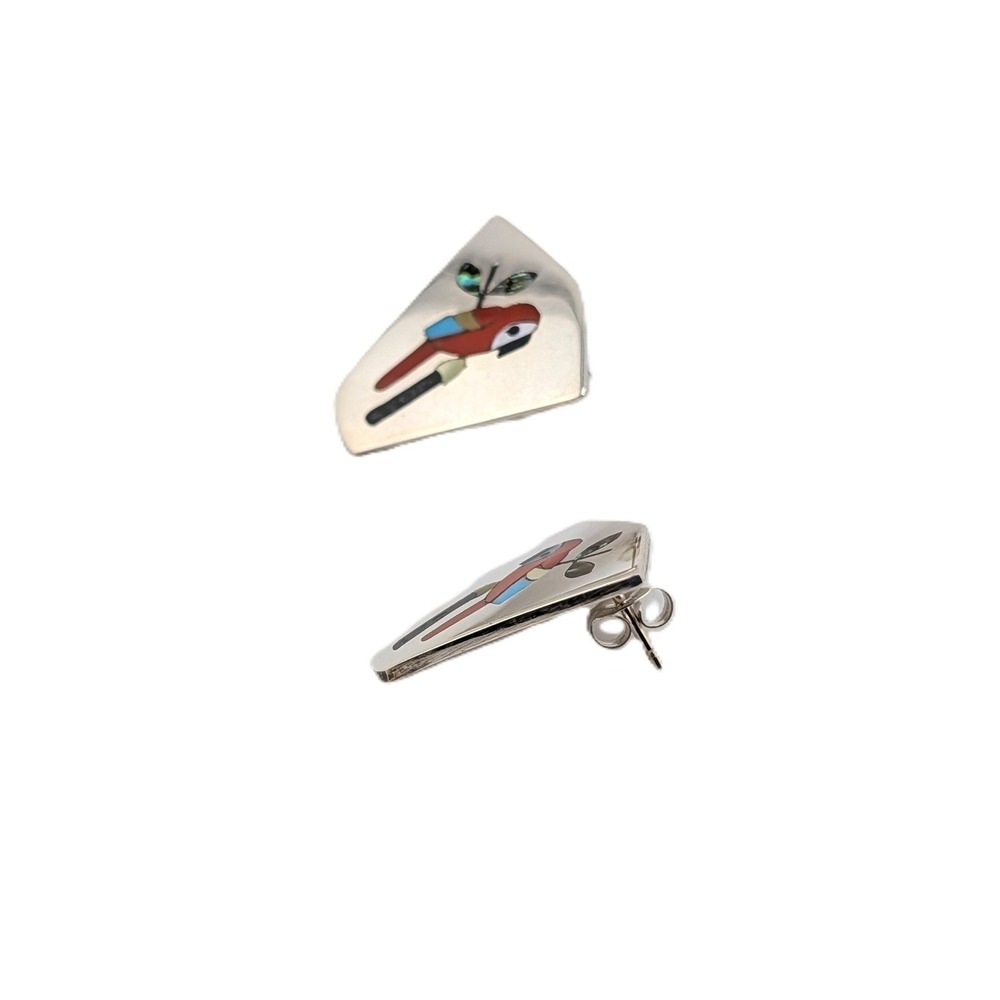Zuni Handmade Sterling Silver Inlay Parrot Stud Earrings NA Jewelry** - Picture 3 of 7